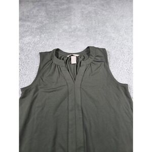Earthy Womens Sleeveless Split Neck Blouse Olive Green Pleated Front Top Small
